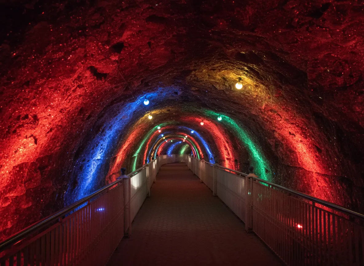 Electric train entering the illuminated tunnels of Khewra Salt Mine