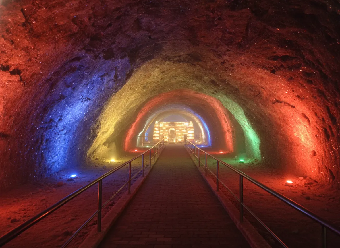 Visitors exploring a cavernous chamber with salt formations inside Khewra Salt Mine