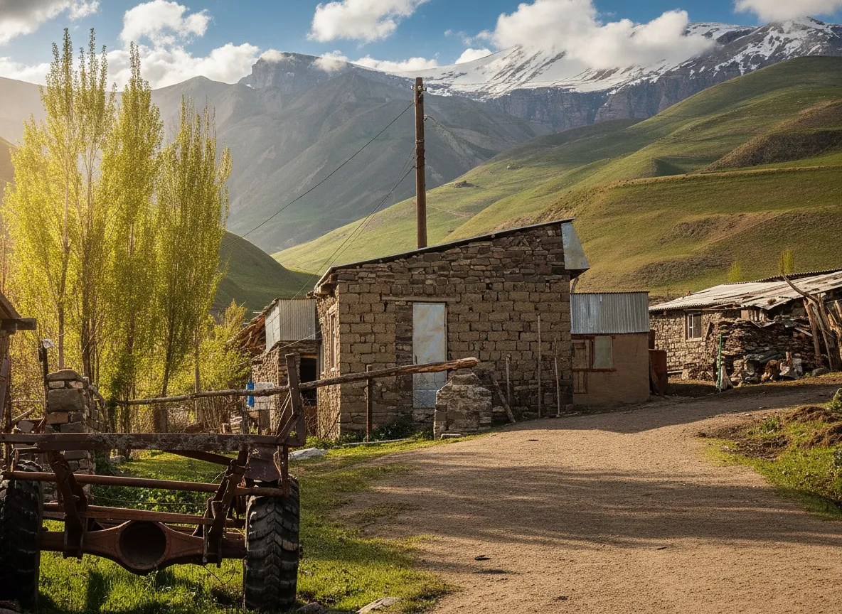 A Khinalug local, possibly an elder, with a backdrop of the majestic Caucasus mountains and a glimpse of the village.