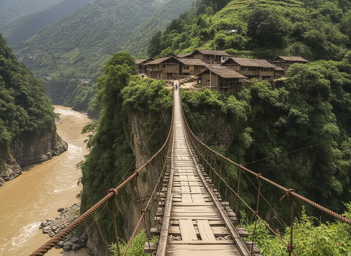 Panoramic view of Koke Lisu Village nestled in the Nu River Grand Canyon, surrounded by towering mountains and terraced fields.