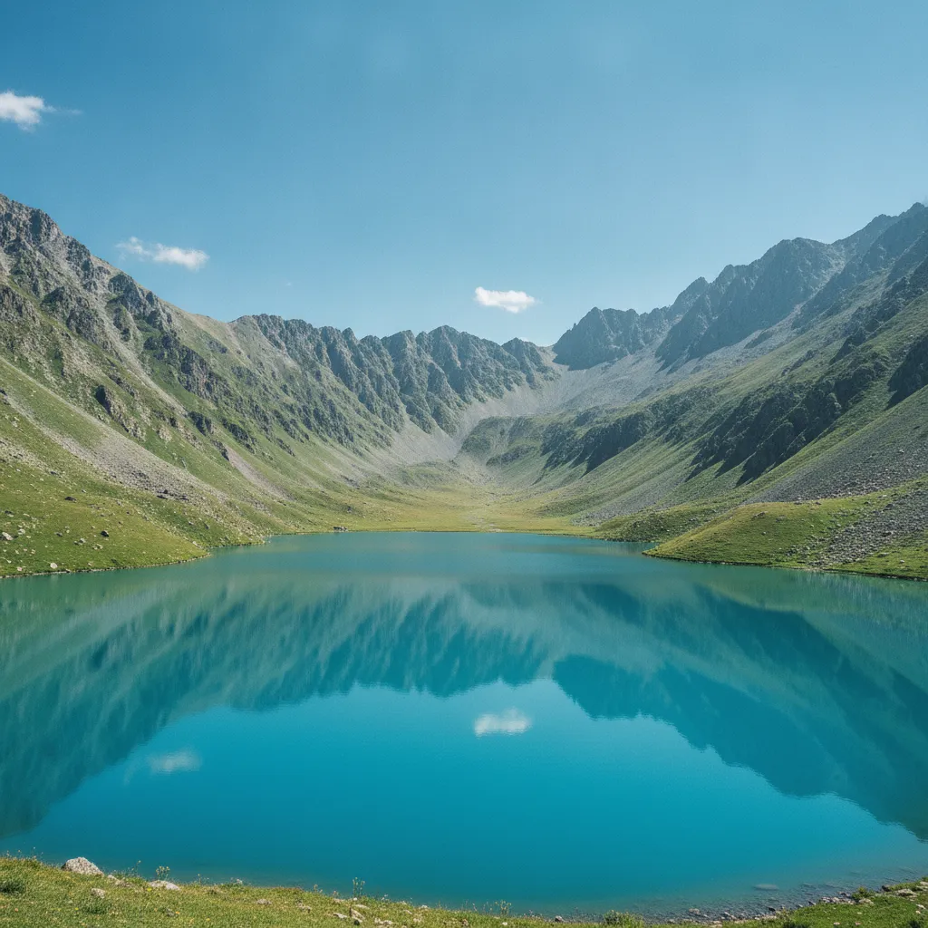 Panoramic view of Kol-Ukok Lake, a pristine turquoise alpine lake nestled in a high mountain valley in Kyrgyzstan.
