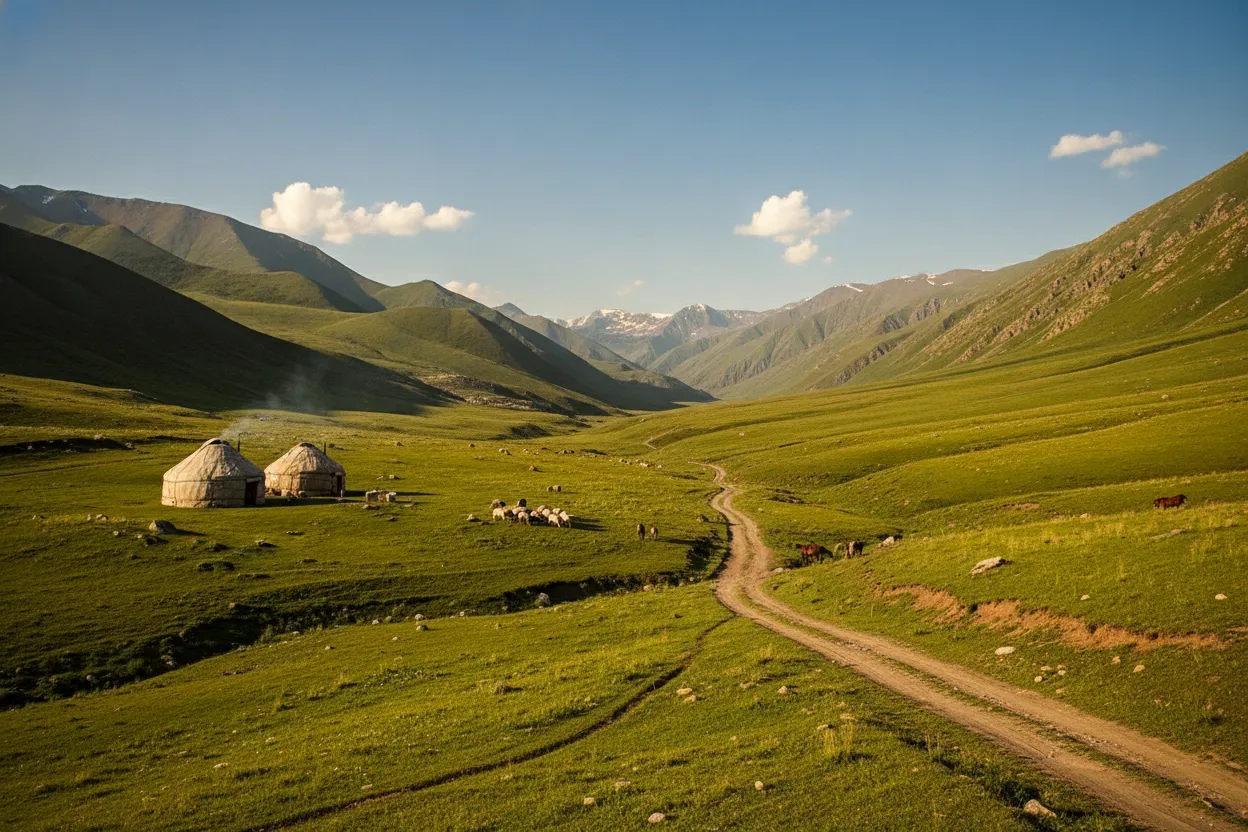 Kyrgyz nomadic shepherds on horseback, guiding a flock of sheep through a vast green mountain pasture in the Tian Shan mountains.