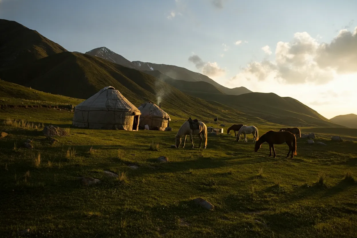 A traditional Kyrgyz yurt camp nestled in a green valley surrounded by mountains, with horses grazing nearby.