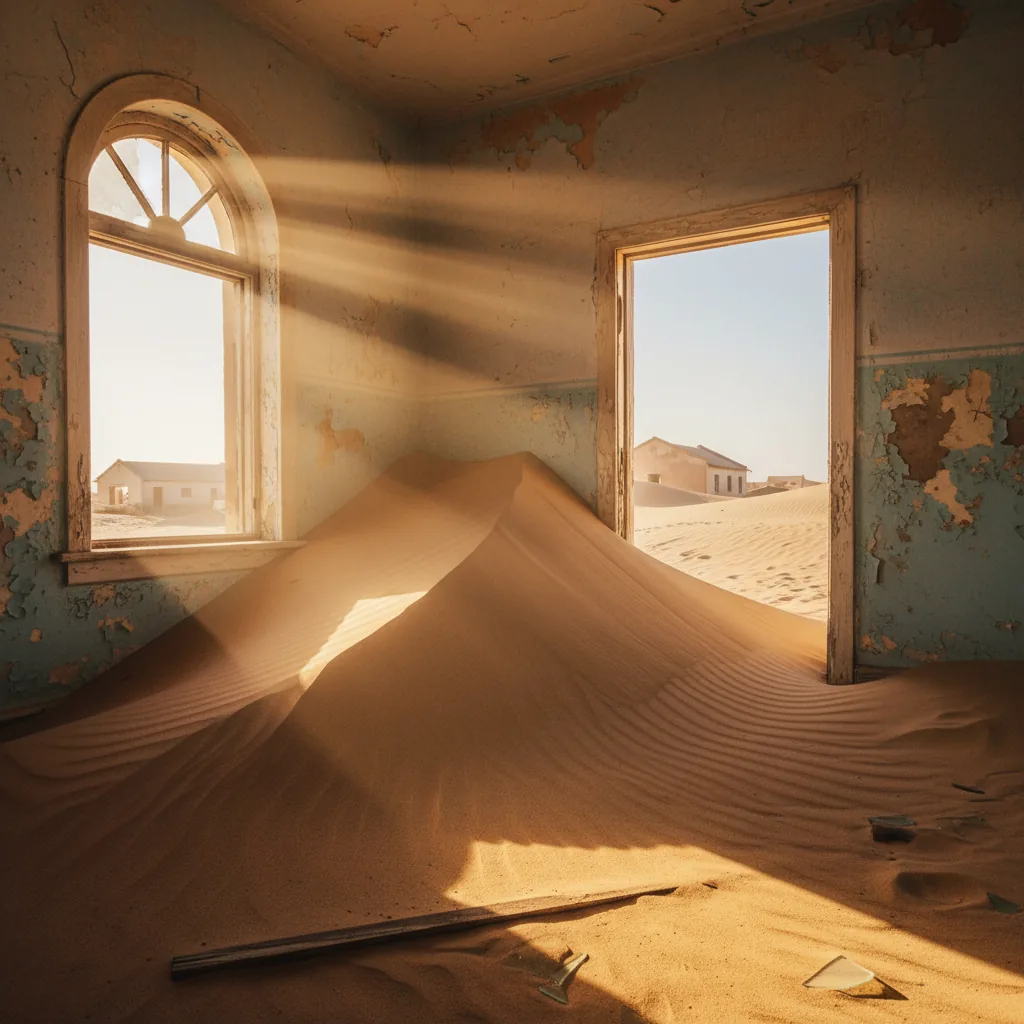 A sand-filled room in Kolmanskop with light streaming through a window, highlighting the texture of the sand dune inside.