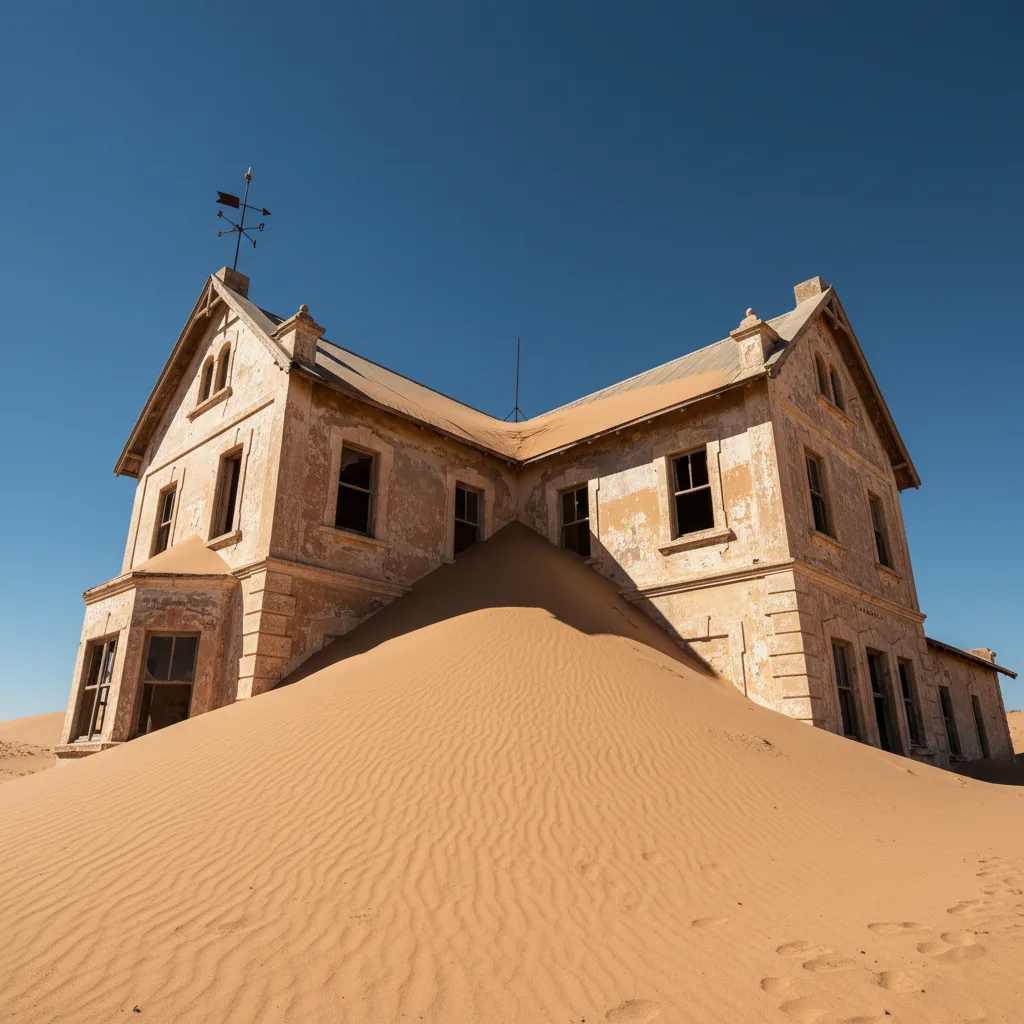 An abandoned house in Kolmanskop with a large sand dune partially filling the room, light coming from the doorway.