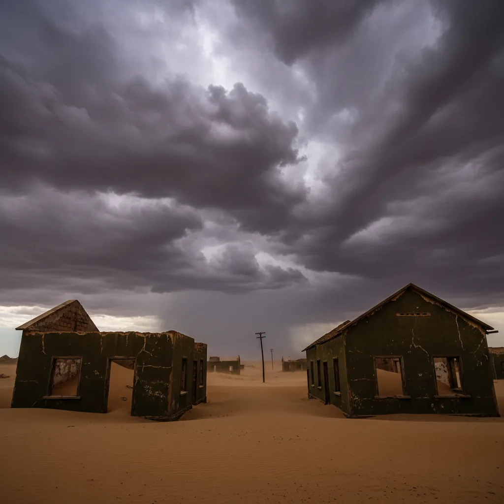 View of multiple sand-filled buildings in Kolmanskop under a clear blue sky, showing the extent of desert encroachment.