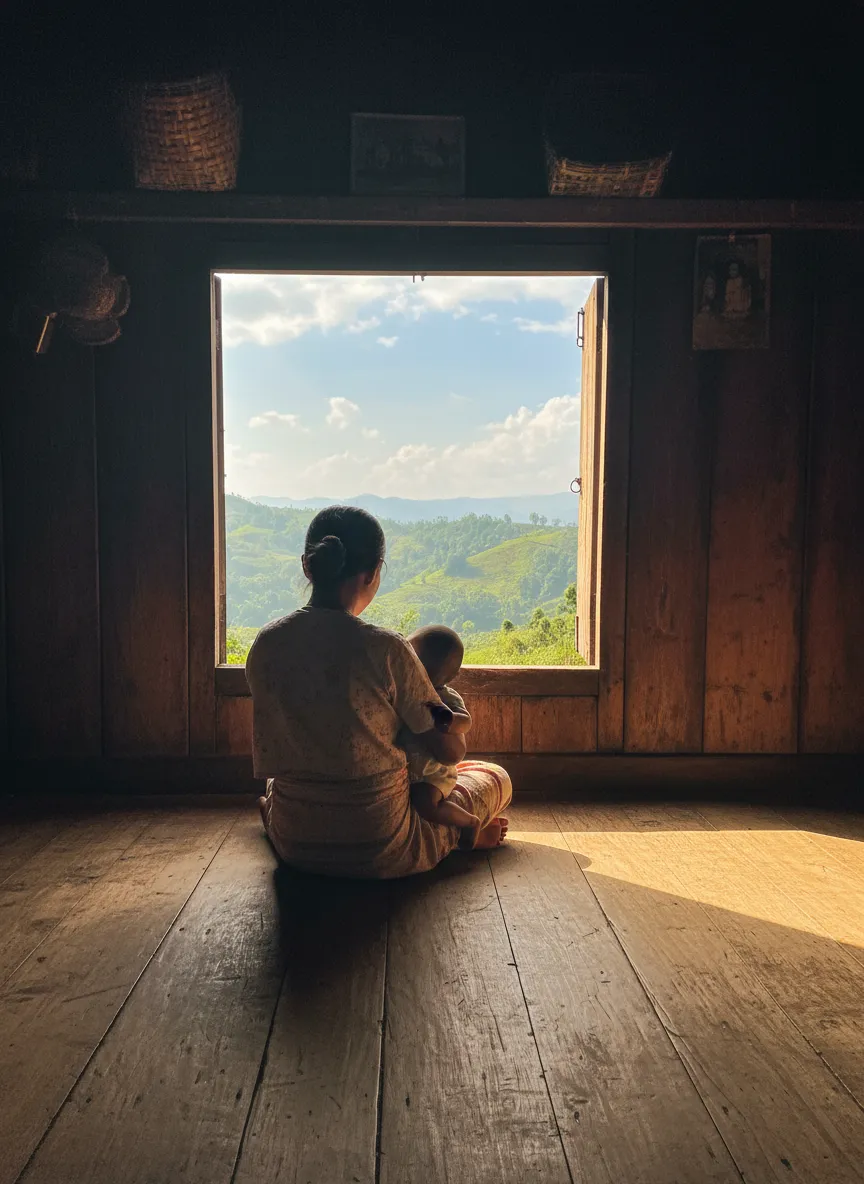 A villager from Kongthong, India, whistling their unique melody amidst lush green hills.