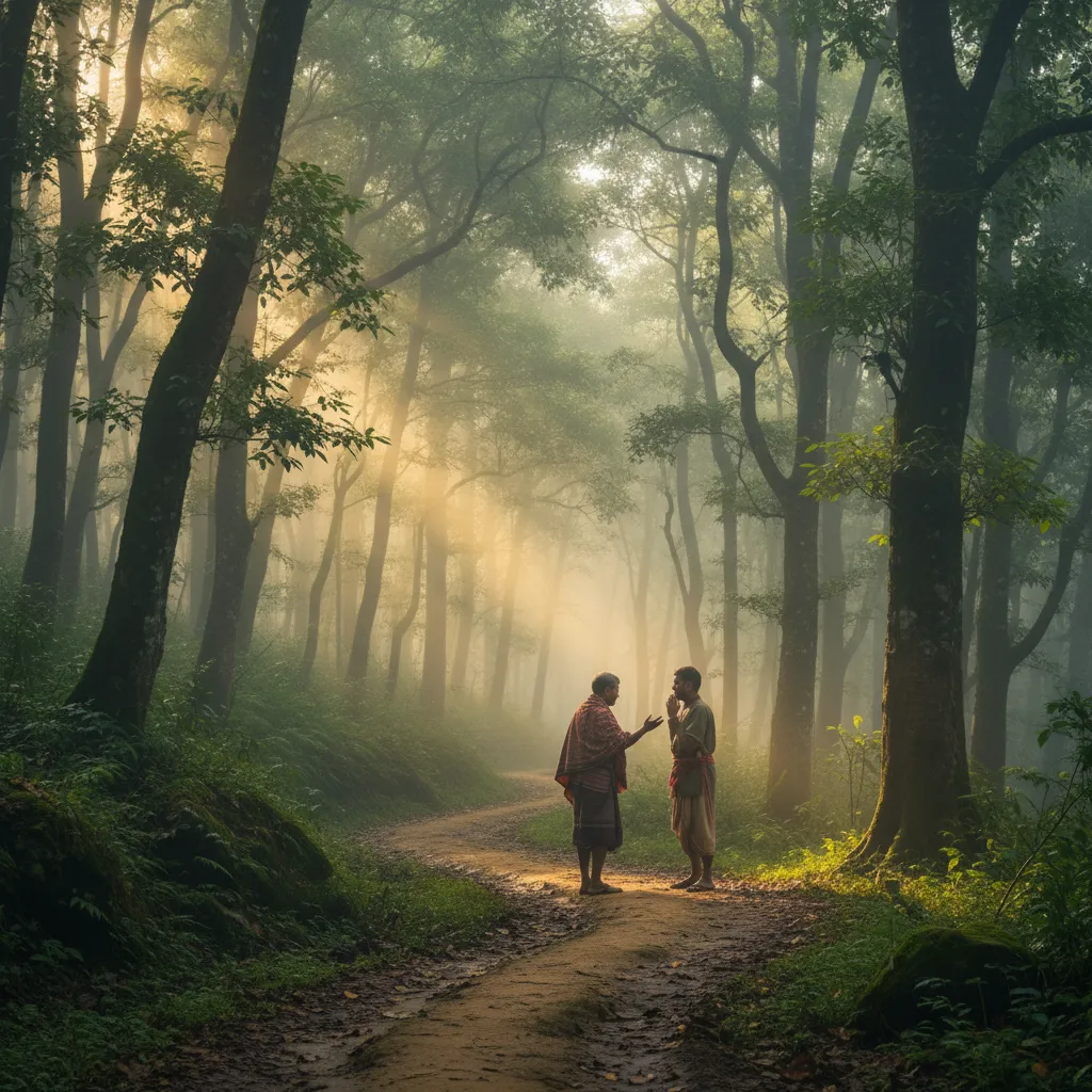 Lush green landscape surrounding Kongthong village in Meghalaya, India, with traditional houses.