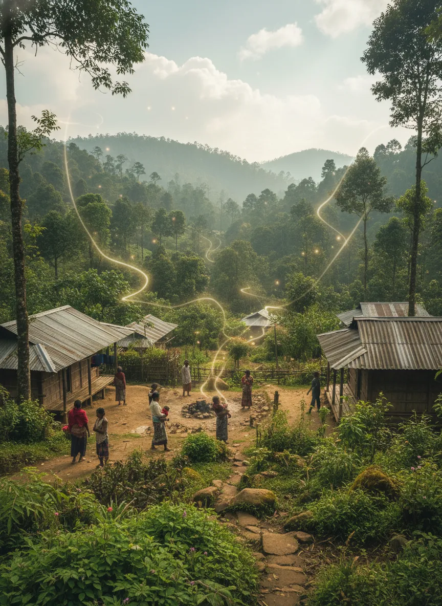 A group of local children from Kongthong, India, smiling and interacting, perhaps demonstrating their whistle names.