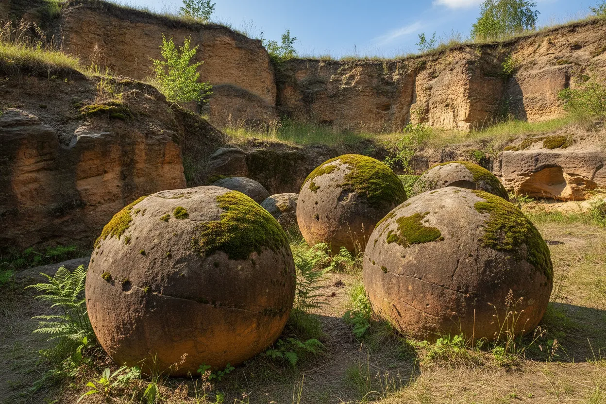 A large, perfectly spherical stone ball partially buried in the ground at Koule Bojanovice quarry, surrounded by smaller stones and overgrown vegetation.