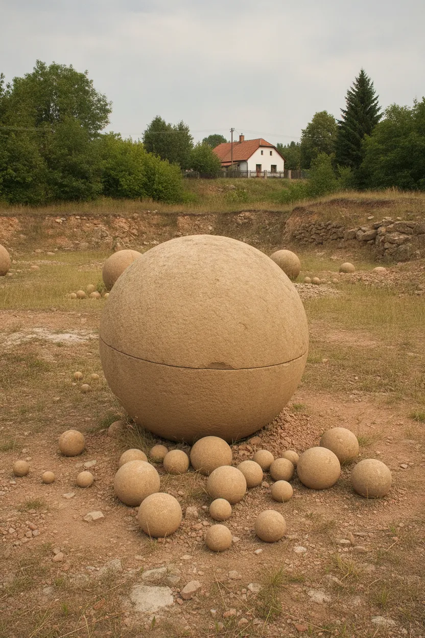 A traveler's hand gently touching the smooth, perfectly spherical surface of a large stone ball at Koule Bojanovice, showing its texture.