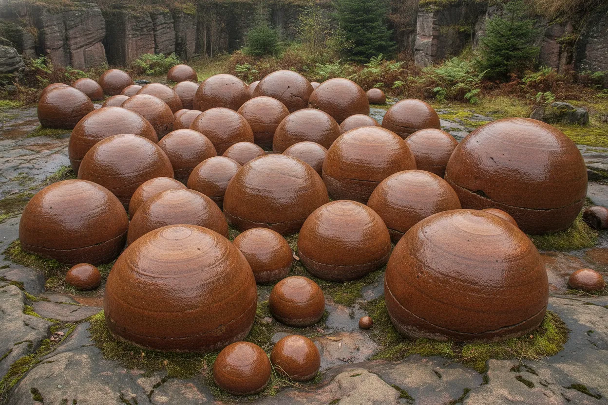A panoramic view of the Bojanovice quarry, showing multiple stone balls of various sizes scattered across the landscape, with trees and rock formations in the background.