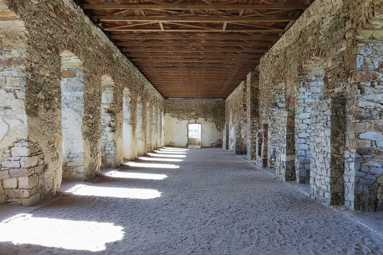 Interior view of Krzyżtopór Castle, showing a grand archway and vaulted ceiling, with light streaming through a large window.