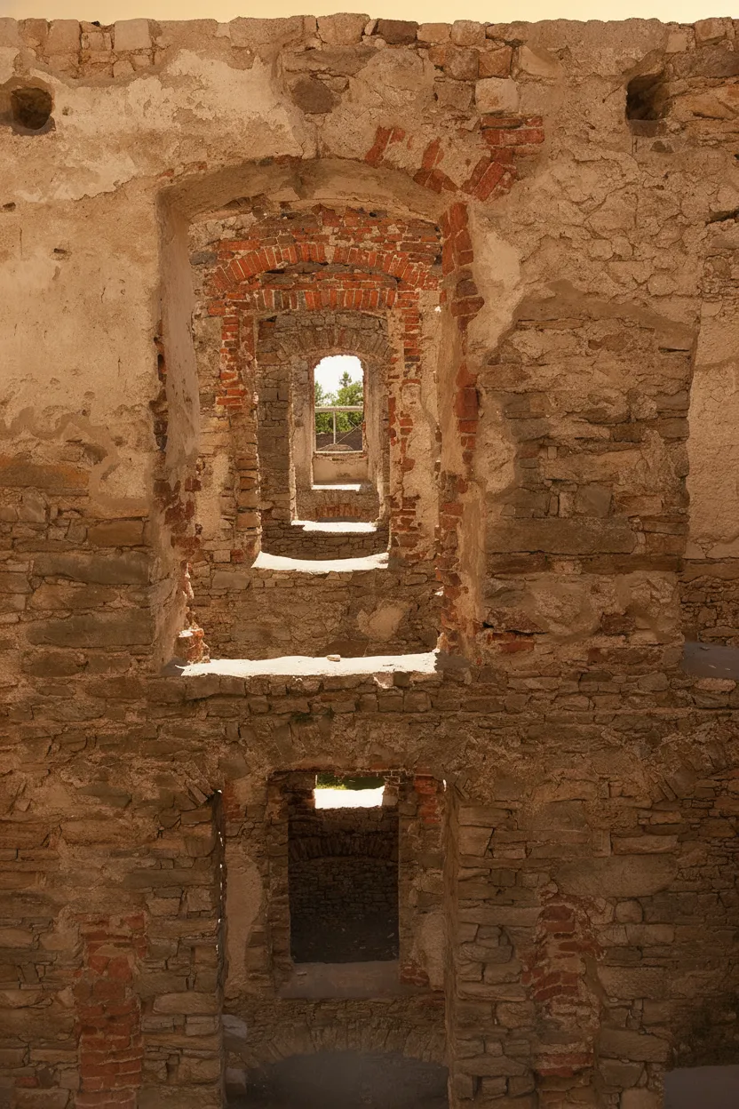 A person standing within the ruins of Krzyżtopór Castle, looking up at the towering walls and open sky, conveying a sense of awe and scale.