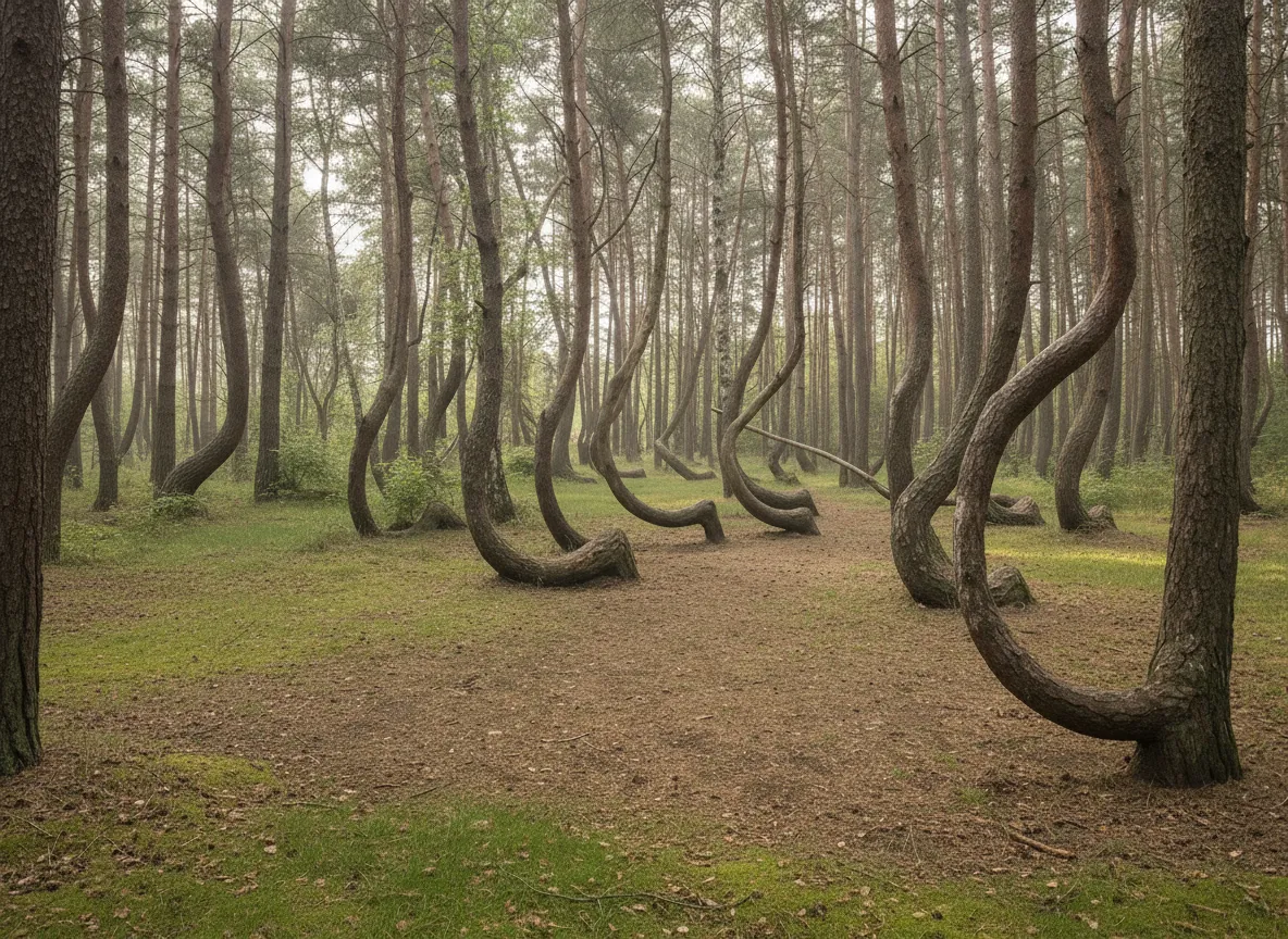 A close-up view of a crooked pine tree in Krzywy Las, showing its sharp 90-degree bend near the base.