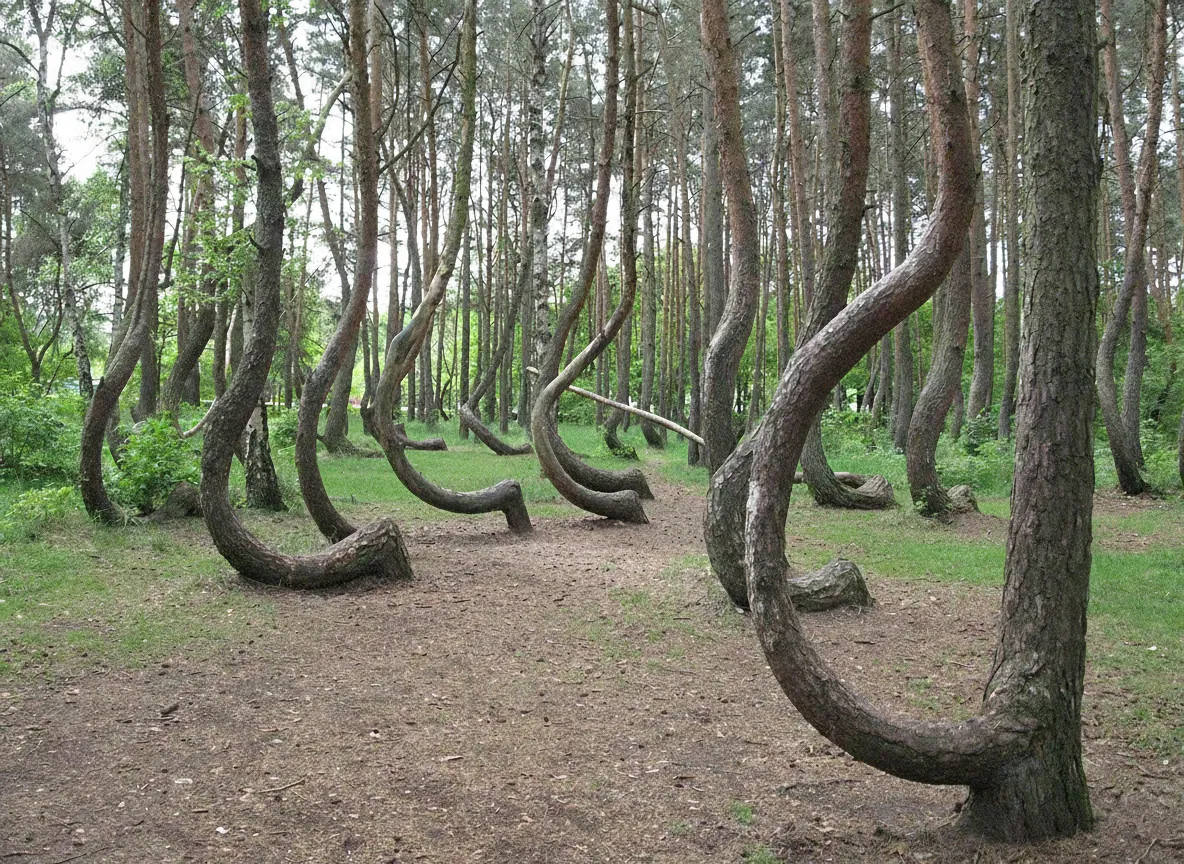 A wider shot of the Crooked Forest, showing multiple bent pine trees creating an unusual landscape.