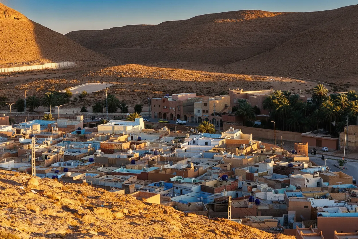 A medieval desert fortress where every house is a cube of sun-dried mud, stacked like ancient LEGOs to form a living, labyrinthine city.