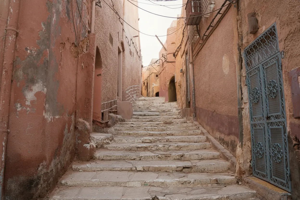 Panoramic view of Ksar El Atteuf's mud-brick houses stacked on a hill in the M'zab Valley, Algeria