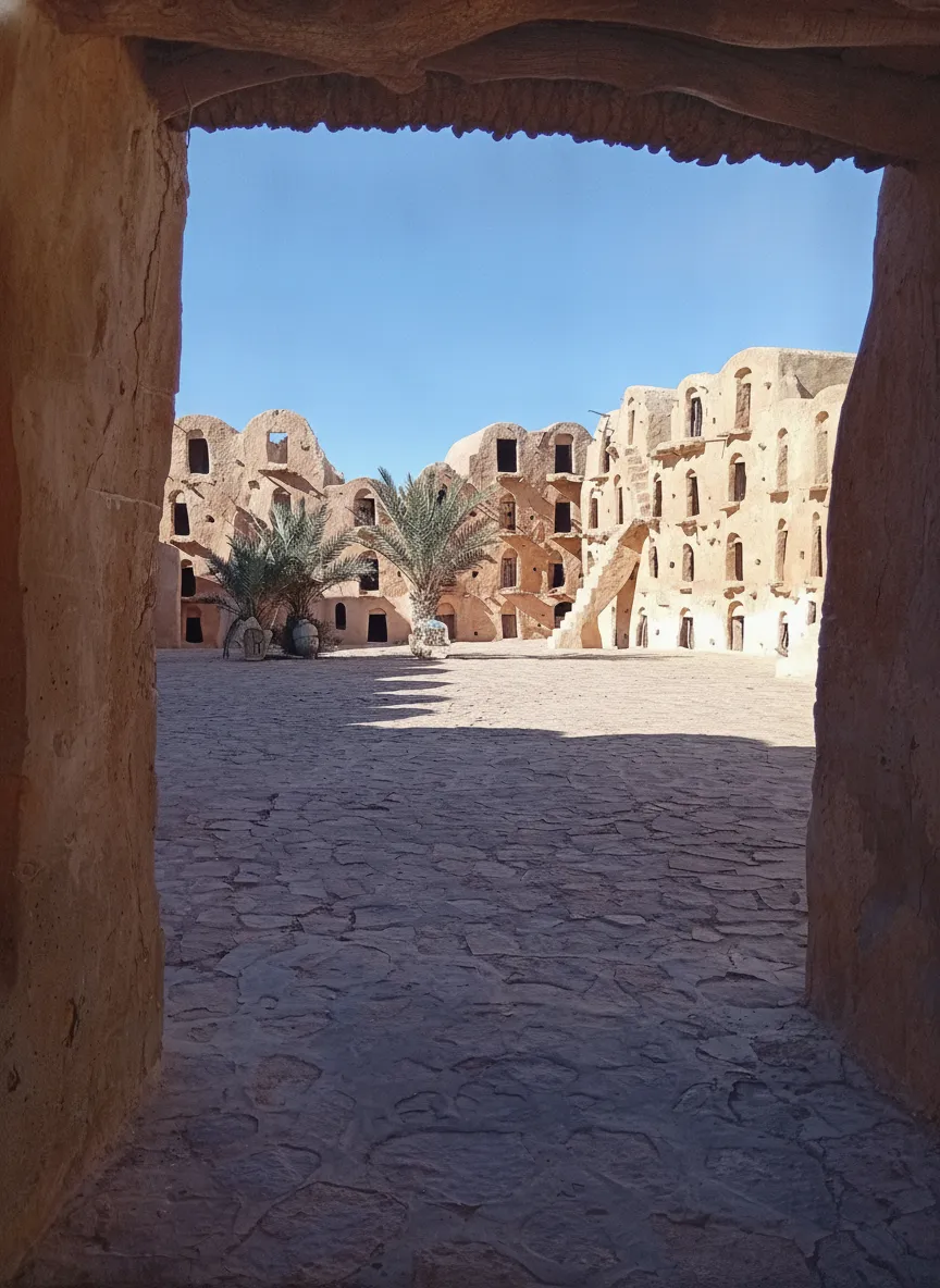 Panoramic view of Ksar Ouled Soltane's stacked ghorfas under a clear blue sky