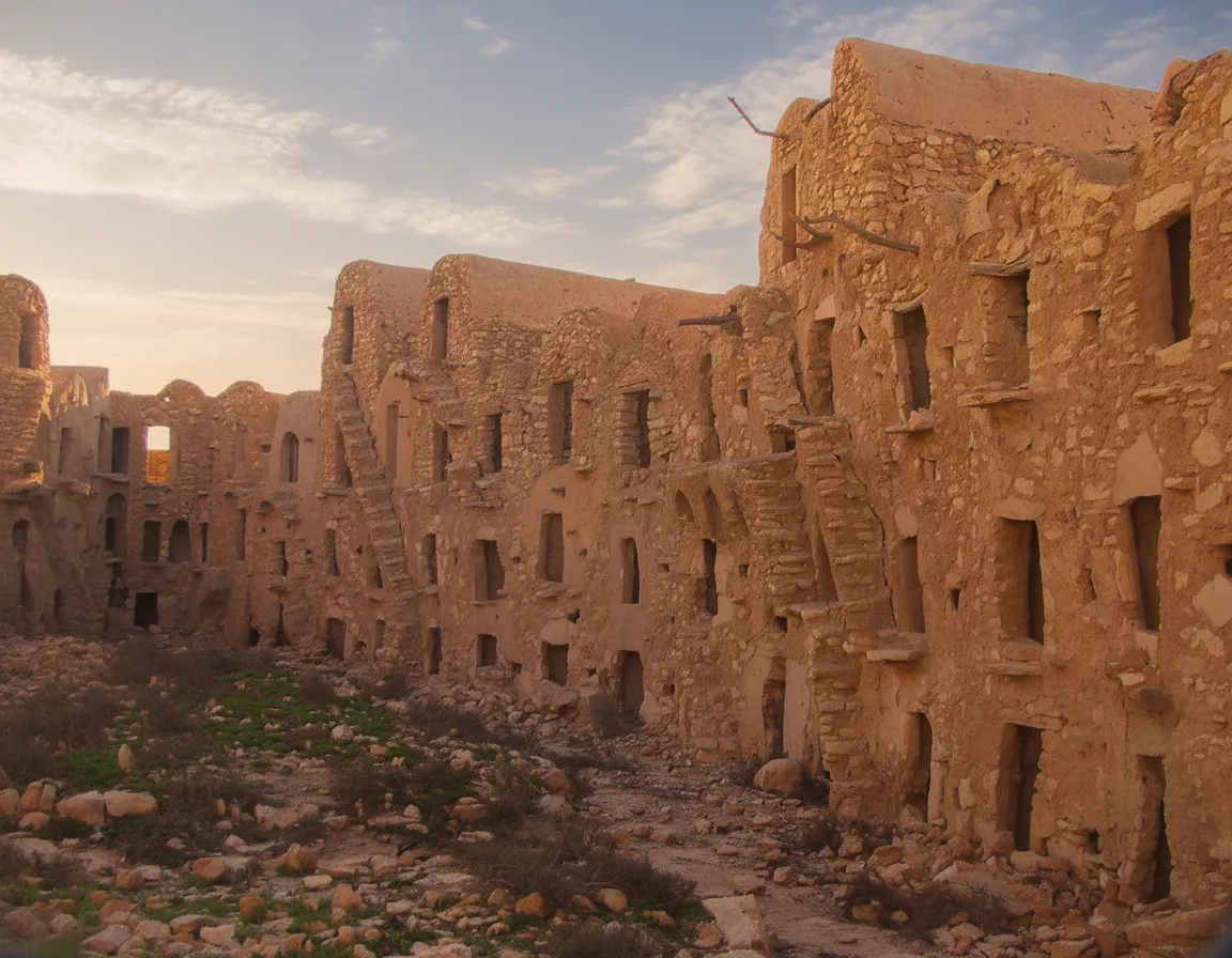 Interior view of Ksar Ouled Soltane with a Star Wars fan posing in front of a ghorfa