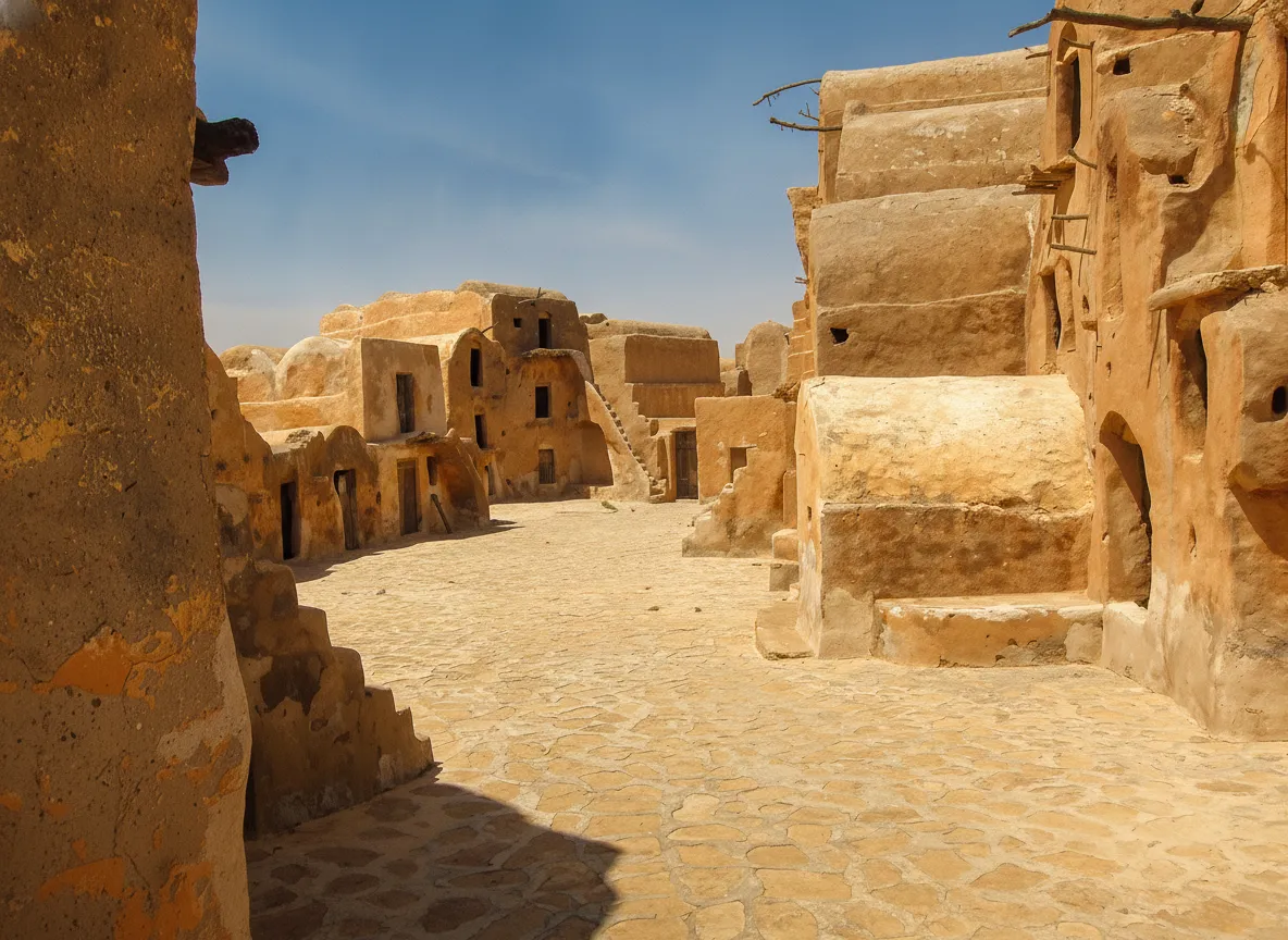 Detailed close-up of the mud-brick ghorfas with wooden doors and an external staircase