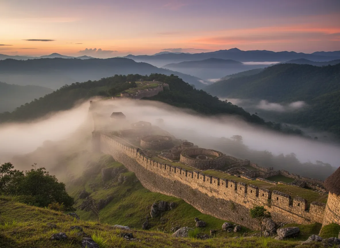 Perched atop an isolated mountain peak, a colossal pre-Incan fortress emerges from the clouds, its circular stone city defying the dense Amazonian jungle.