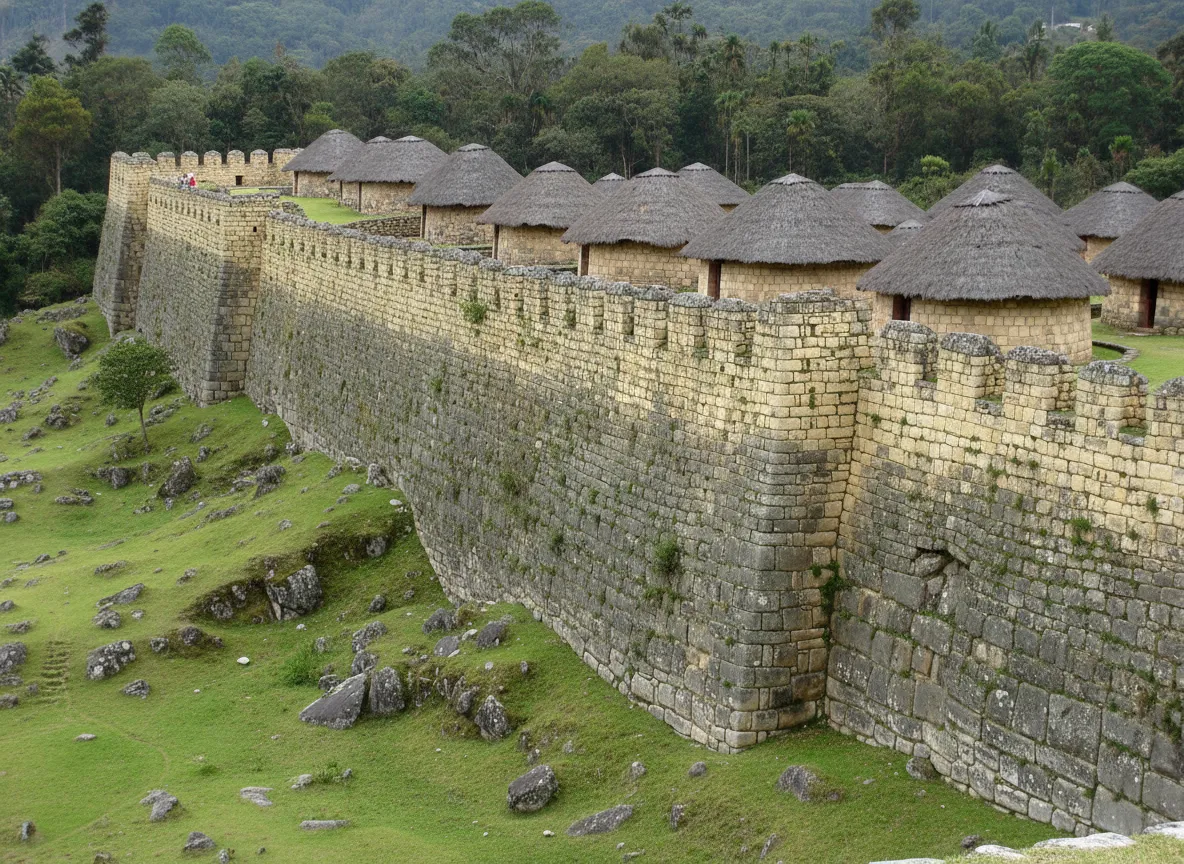 Panoramic view of Kuélap fortress emerging from mist with circular stone houses and towering walls, surrounded by dense green mountains.