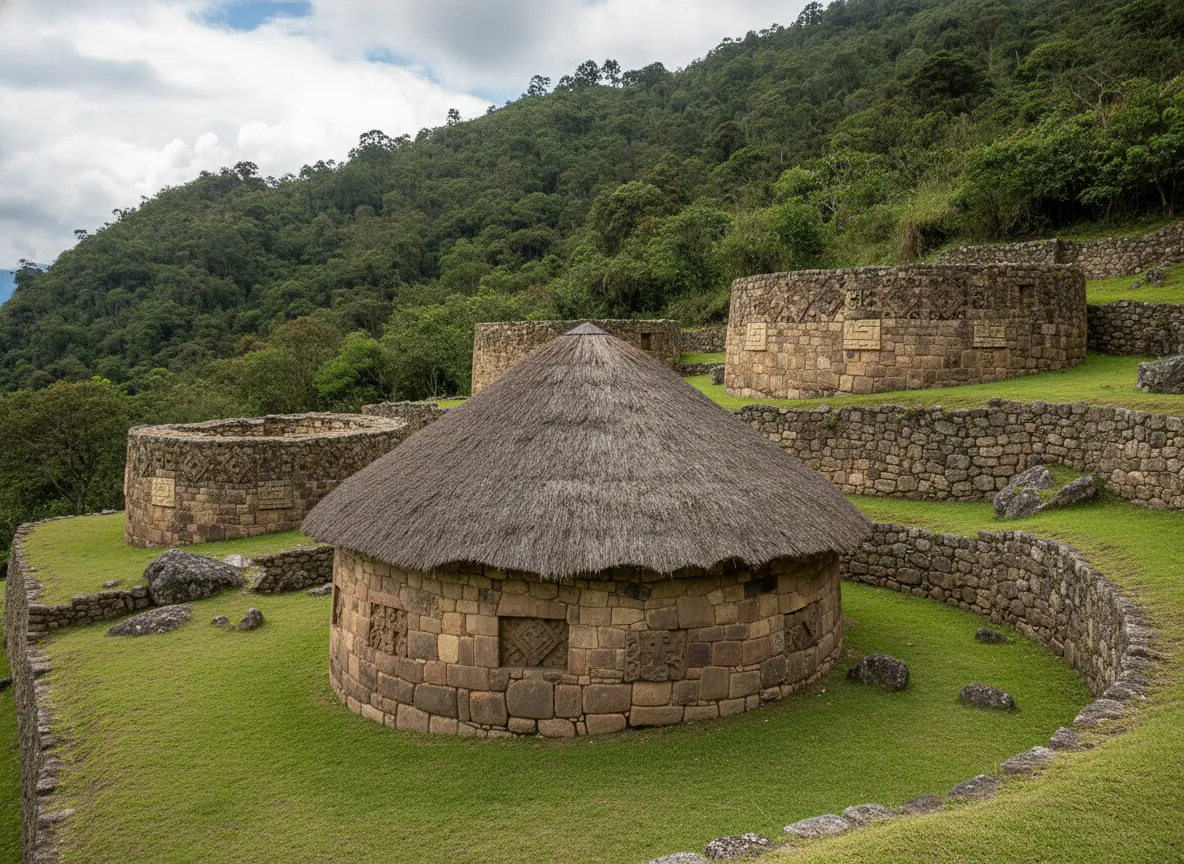 Close-up of a circular stone house in Kuélap with intricate rhomboid and zigzag patterns on its walls, surrounded by ancient ruins.