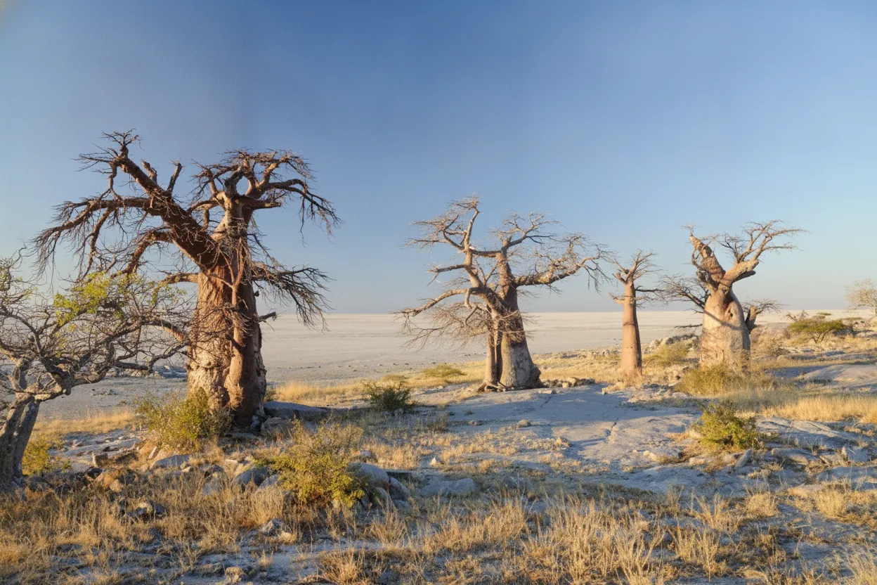 Majestic baobab trees on rocky Kubu Island rising from the white Makgadikgadi Pans