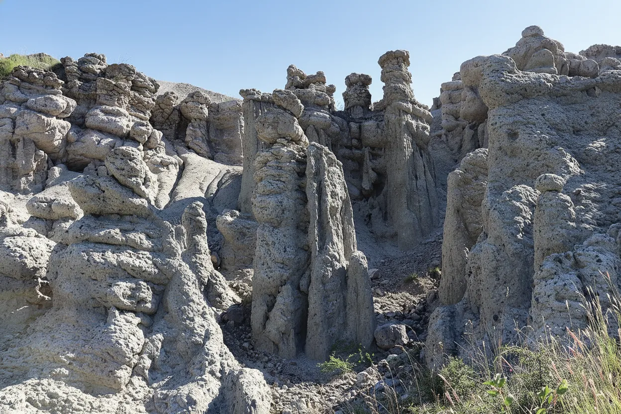 Majestic stone doll resembling a bride, standing tall amidst other rock formations in Kuklica, North Macedonia.