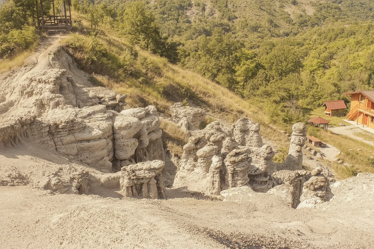 Panoramic view of the Kuklica Stone Dolls valley with numerous earth pyramids under a clear sky.