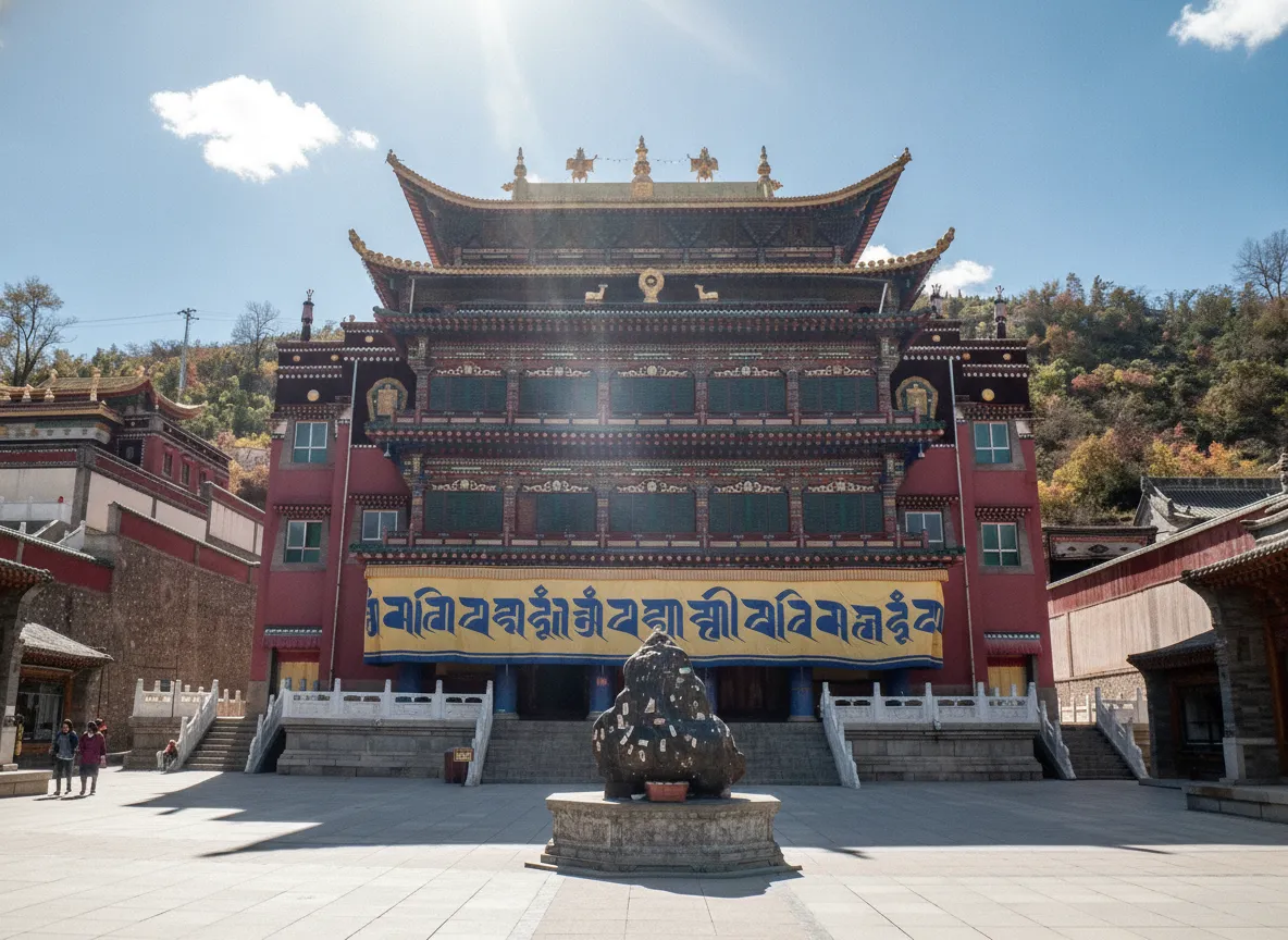 Panoramic view of Kumbum Monastery complex with traditional Tibetan architecture, golden roofs, and prayer flags against a mountain backdrop.