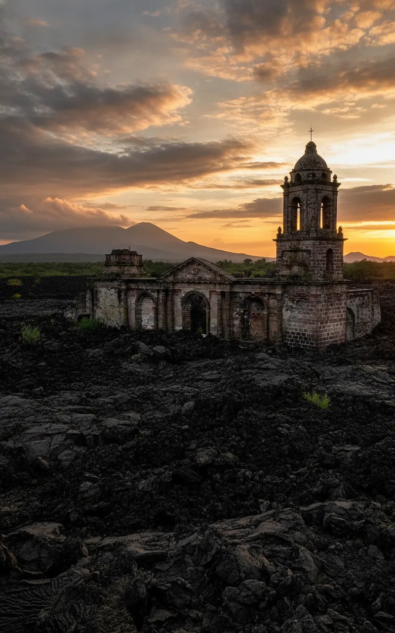 Imagine a volcanic eruption so sudden and powerful that it swallowed an entire town, leaving only the steeple of its church defiantly poking through the solidified lava.