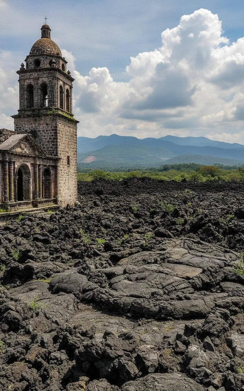 The lone steeple of La Iglesia de San Juan Parangaricutiro rising from hardened lava fields in Michoacán, Mexico.