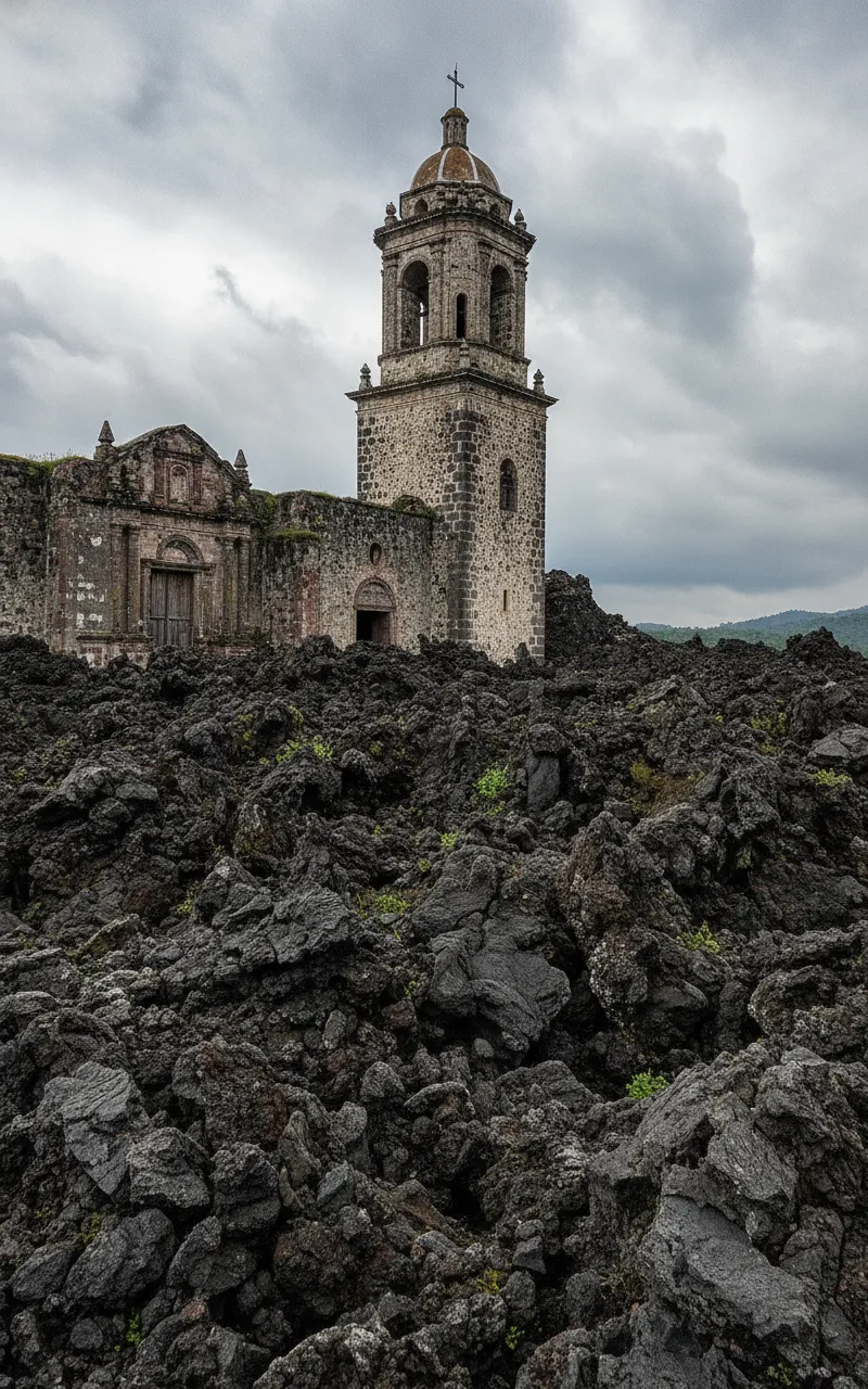 Close-up of the altar remnants within the buried La Iglesia de San Juan Parangaricutiro, surrounded by volcanic rock.
