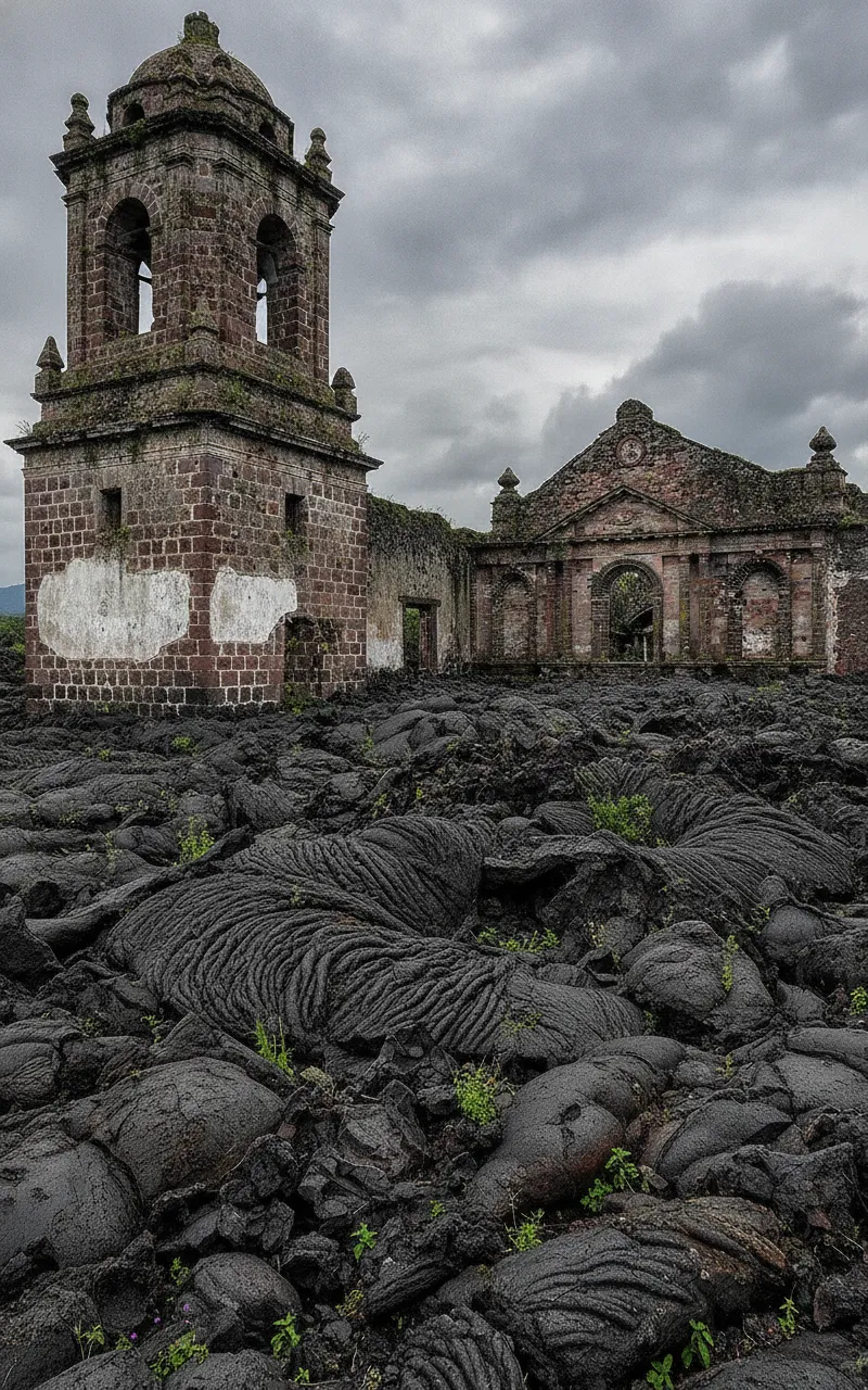 A local guide on horseback leading visitors through the lava fields towards the buried church steeple.