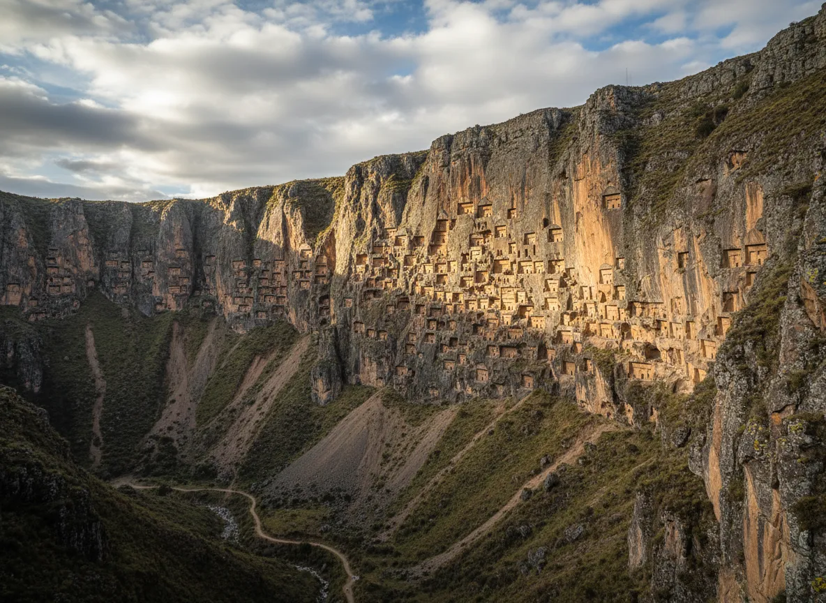 Distant view of La Puerta de los Muertos, showing hundreds of small niches carved into a massive cliff face in the Peruvian Andes.