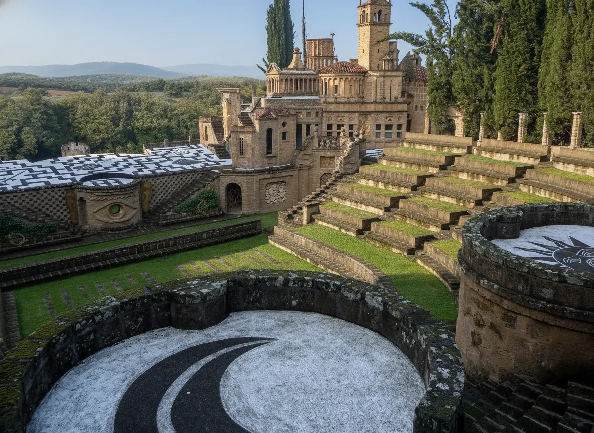 Panoramic view of La Scarzuola's Ideal City, showcasing its surrealist architecture and miniature classical buildings in Umbria, Italy.