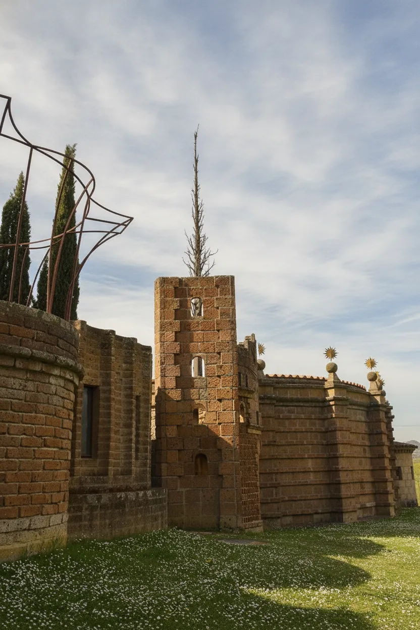Close-up of a whimsical architectural folly at La Scarzuola, featuring intricate details and symbolic elements carved from tuff rock.