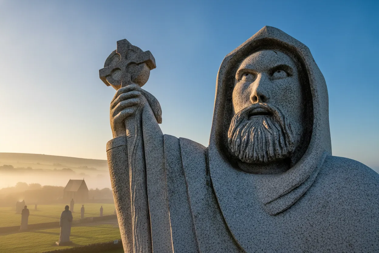 Panoramic view of La Vallée des Saints with several colossal granite statues against a blue sky