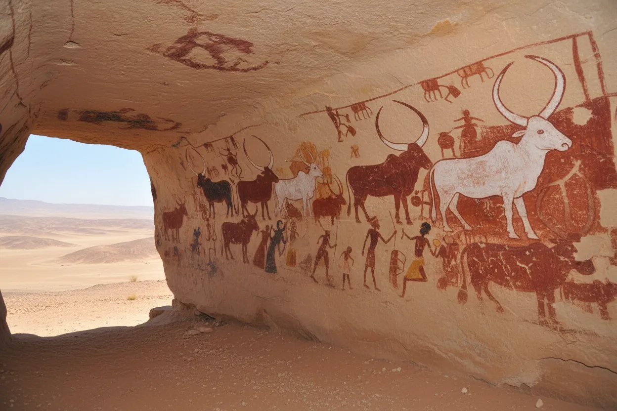 Vibrant ancient rock art depicting long-horned cattle and human figures on a cave wall at Laas Geel, Somaliland