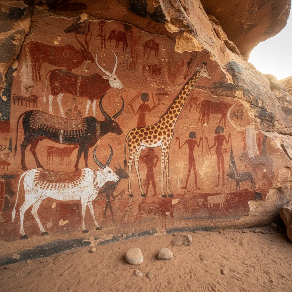 Panoramic view of the arid Somaliland landscape with rocky outcrops, leading towards the Laas Geel cave complex