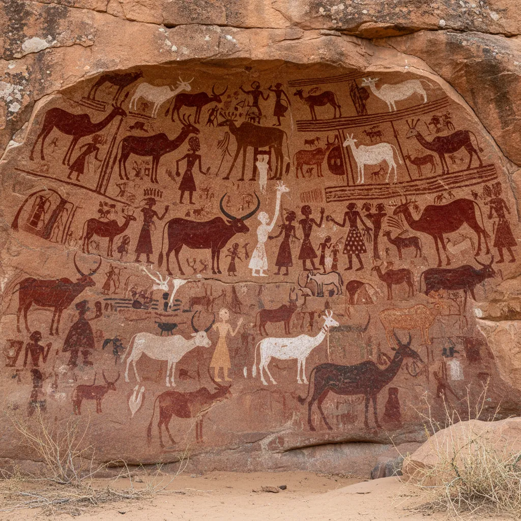 Close-up of exceptionally well-preserved rock art at Laas Geel, showing intricate details of cattle with white outlines and red bodies