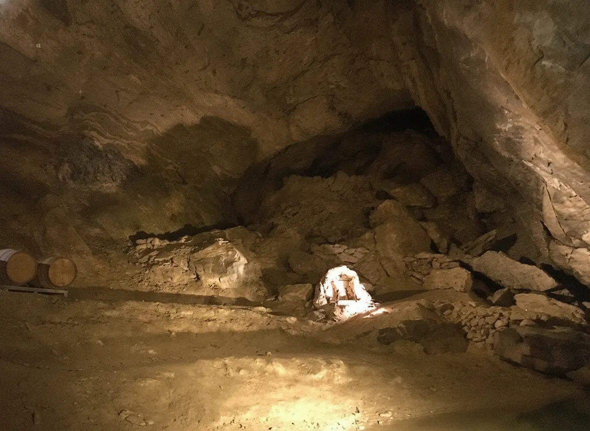 The discreet entrance to Lac Souterrain de Saint-Léonard, nestled into a hillside with lush greenery, hinting at the hidden wonders within.