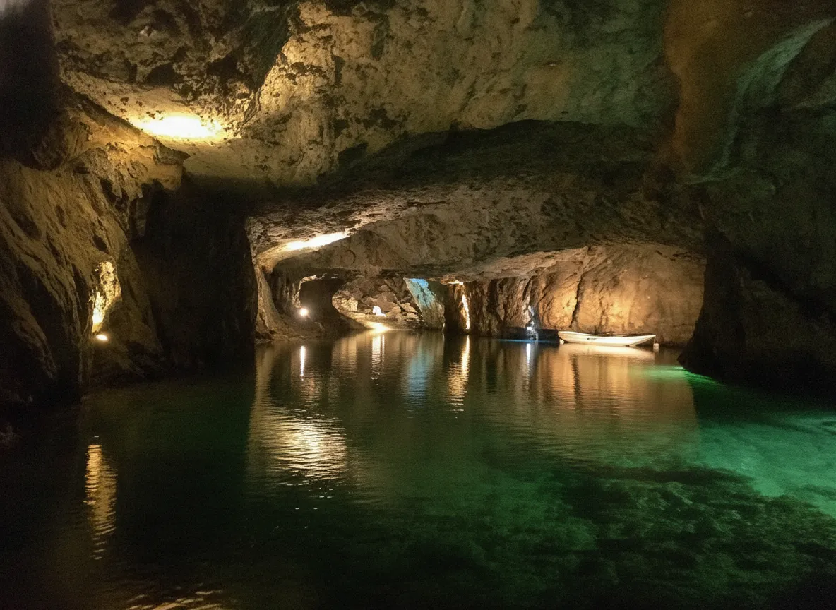Close-up of intricate geological formations on the cave wall, reflected in the calm, dark waters of the underground lake, showcasing textures and subtle lighting.