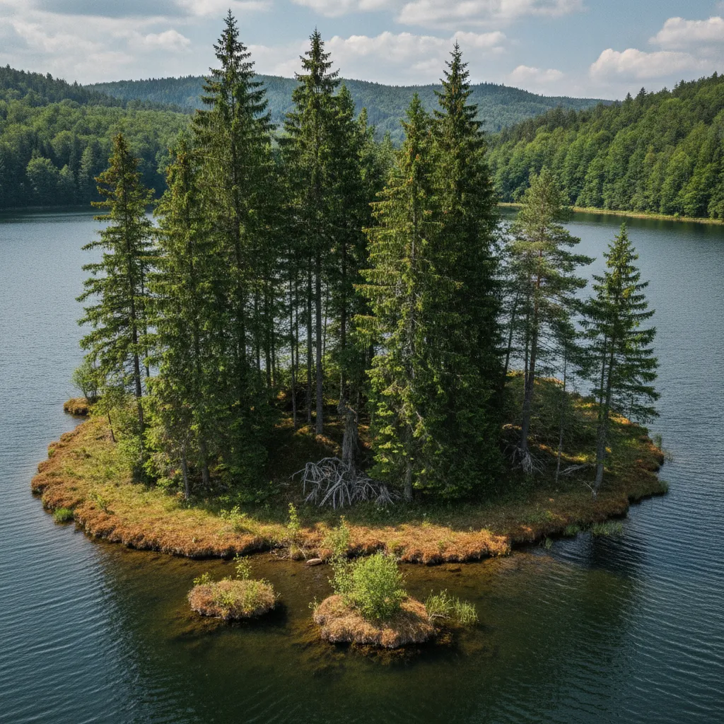 Panoramic view of Lacul Cuejdel with multiple floating islands reflecting in the calm water, surrounded by lush green forests.