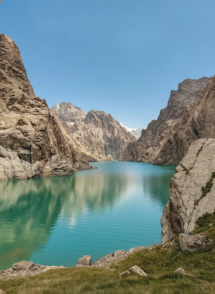 Panoramic view of Lake Kel-Suu, a turquoise serpentine lake winding through a narrow mountain gorge in Kyrgyzstan.
