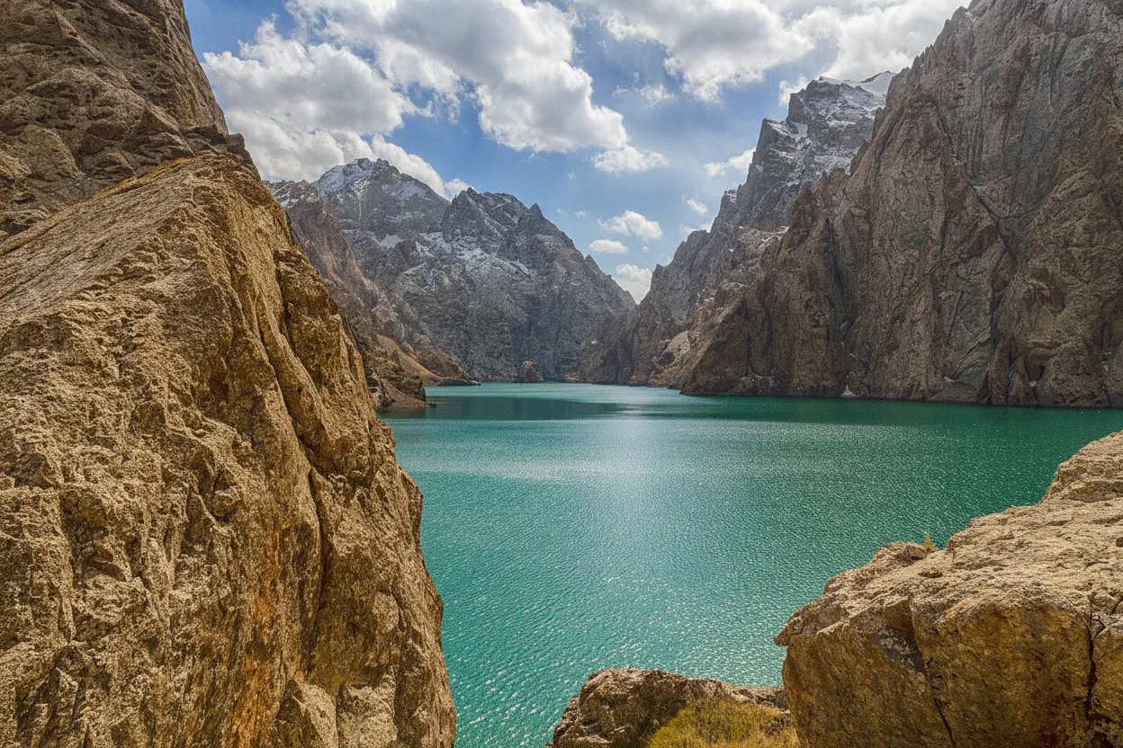 A lone adventurer standing on a rocky outcrop overlooking the vast, turquoise Lake Kel-Suu with dramatic mountain cliffs.