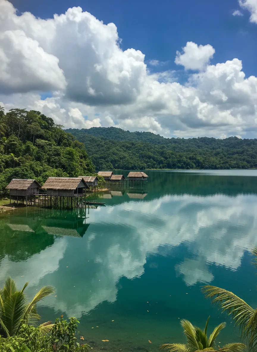 Traditional stilt houses of the Foe people on Lake Kutubu, Papua New Guinea, with clear water visible beneath.