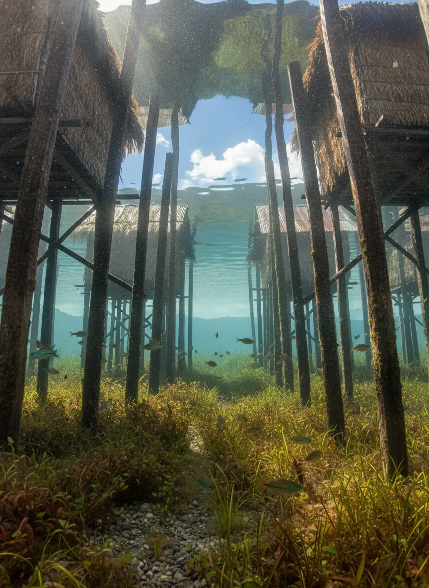 Panoramic view of Lake Kutubu at sunset, showing reflections of the sky and surrounding rainforest.